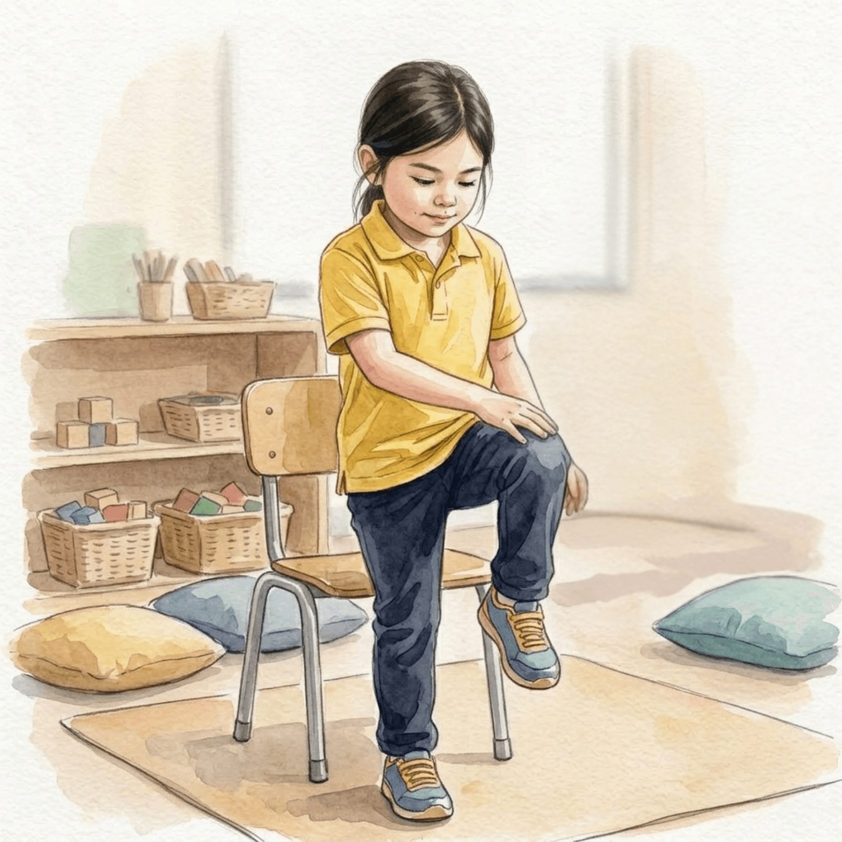 Child using a chair for support during a controlled movement activity