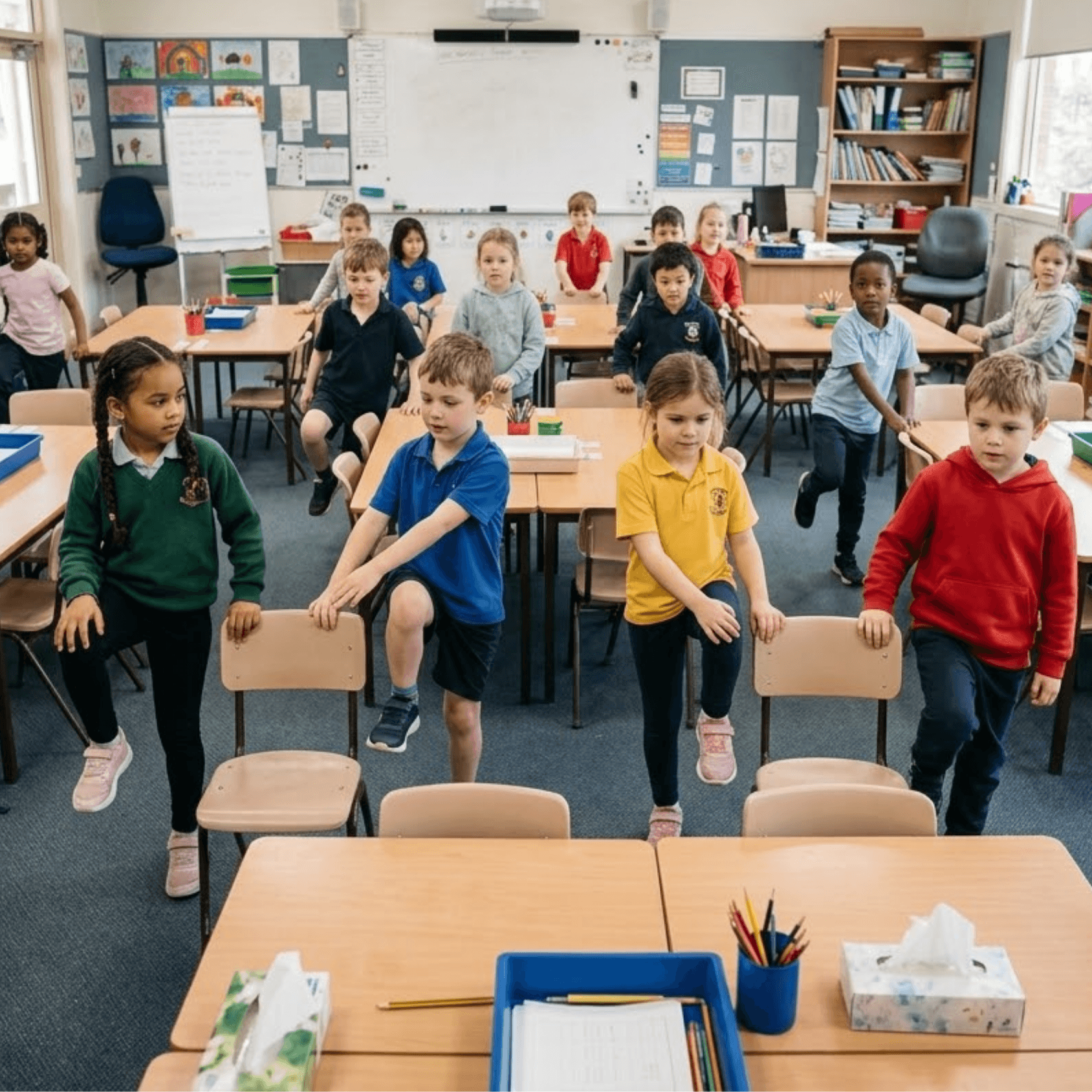 Children practising opposite hand to knee movements in a classroom