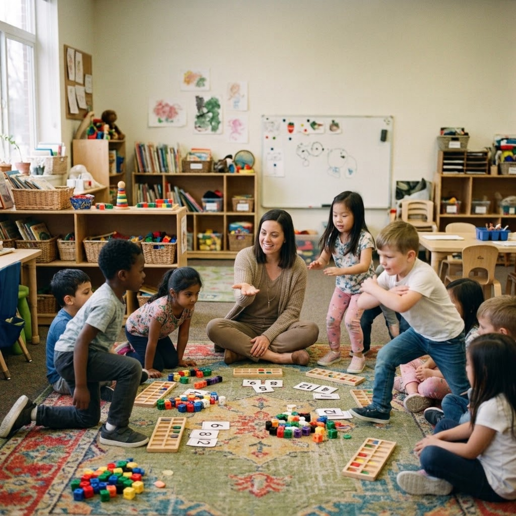 Children standing up from a classroom rug after group time