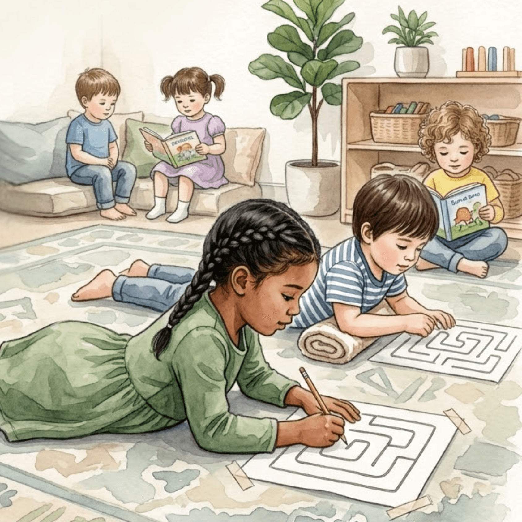 Children completing drawing activities while lying on their tummy